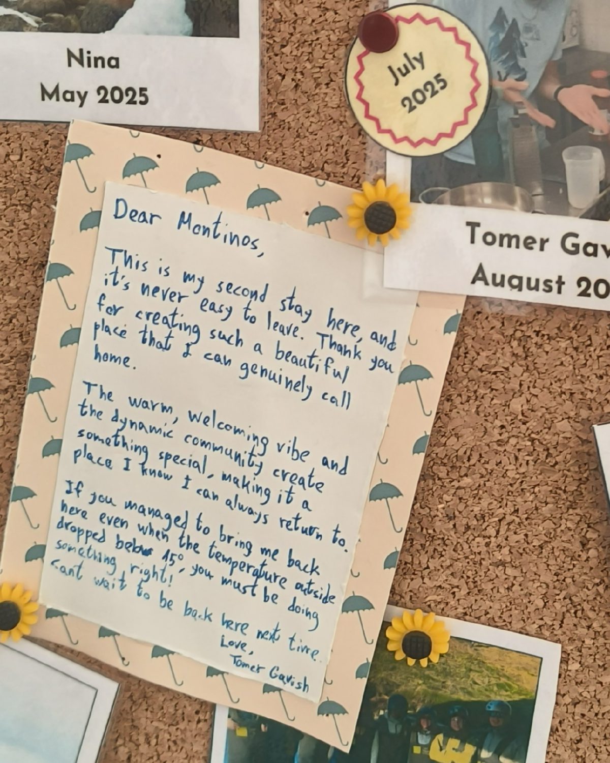 Handwritten note from Tomer on the Montinos board